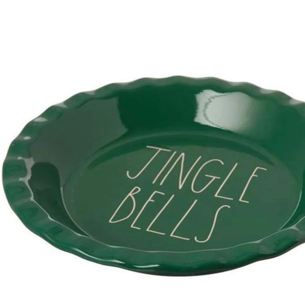 NWT - Rae Dunn Green Jingle Bells Ceramic Pie Plate